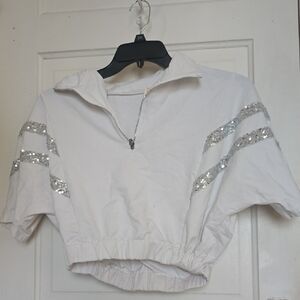 White Cropped Hoodie with Silver Sequin Stripes